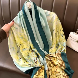 موضة طباعة شال كبير يلتف وشاح حريري المرأة الفاخرة العلامة التجارية الساتان عقال الحجاب باندانا عمامة فولارد الصيف الشاطئ الشالات